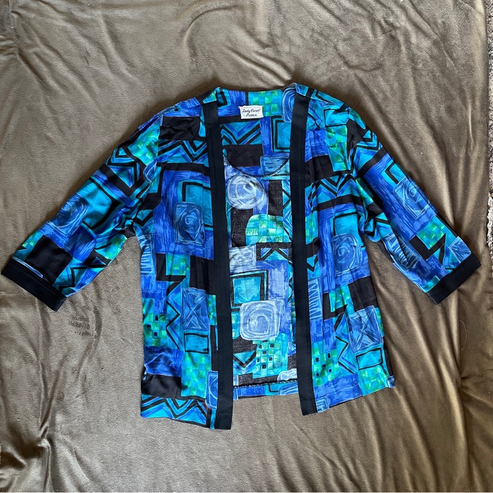 Lady Carol of New York Jacket Women’s Petite Blue Black Pattern Silky VNTG 90s